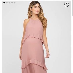 Pink Halter Neck Ruffle Accent Maternity Maxi Dress